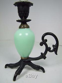 Vtg Chickens Claw Foot Chamberstick Figural Candlestick Cast Iron Green Glass