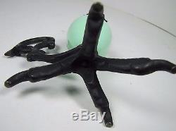 Vtg Chickens Claw Foot Chamberstick Figural Candlestick Cast Iron Green Glass