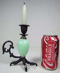 Vtg Chickens Claw Foot Chamberstick Figural Candlestick Cast Iron Green Glass