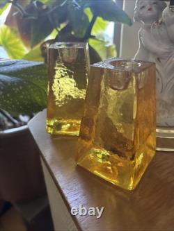 Vtg FIRE And LIGHT Citrus Candle Holders Recycled Studio Art Glass Signed RARE