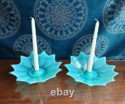 Vtg. Fostoria Heirloom Opalescent Green Art Glass Candle Holders Set of 2 Decor