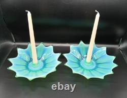 Vtg. Fostoria Heirloom Opalescent Green Art Glass Candle Holders Set of 2 Decor