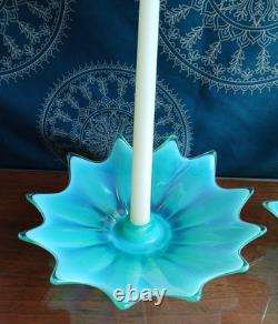 Vtg. Fostoria Heirloom Opalescent Green Art Glass Candle Holders Set of 2 Decor