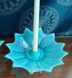Vtg. Fostoria Heirloom Opalescent Green Art Glass Candle Holders Set of 2 Decor