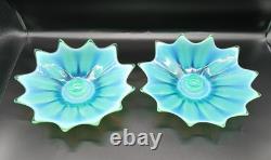 Vtg. Fostoria Heirloom Opalescent Green Art Glass Candle Holders Set of 2 Decor