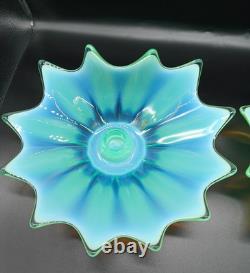 Vtg. Fostoria Heirloom Opalescent Green Art Glass Candle Holders Set of 2 Decor
