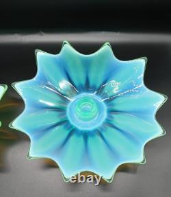 Vtg. Fostoria Heirloom Opalescent Green Art Glass Candle Holders Set of 2 Decor