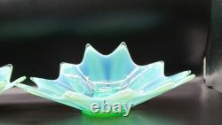 Vtg. Fostoria Heirloom Opalescent Green Art Glass Candle Holders Set of 2 Decor