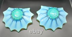 Vtg. Fostoria Heirloom Opalescent Green Art Glass Candle Holders Set of 2 Decor