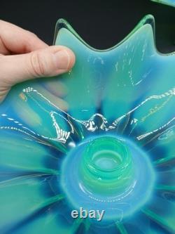 Vtg. Fostoria Heirloom Opalescent Green Art Glass Candle Holders Set of 2 Decor