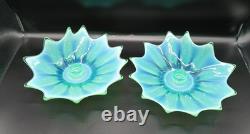 Vtg. Fostoria Heirloom Opalescent Green Art Glass Candle Holders Set of 2 Decor