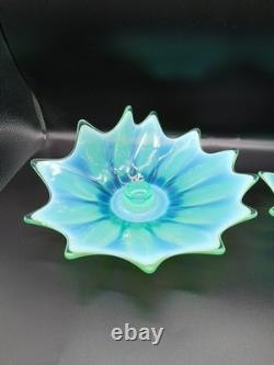 Vtg. Fostoria Heirloom Opalescent Green Art Glass Candle Holders Set of 2 Decor