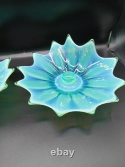 Vtg. Fostoria Heirloom Opalescent Green Art Glass Candle Holders Set of 2 Decor