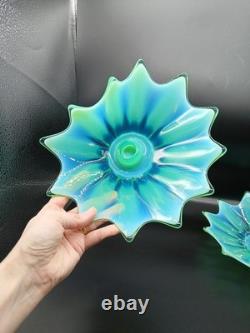 Vtg. Fostoria Heirloom Opalescent Green Art Glass Candle Holders Set of 2 Decor