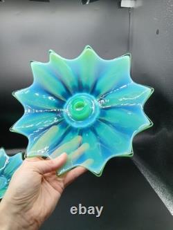 Vtg. Fostoria Heirloom Opalescent Green Art Glass Candle Holders Set of 2 Decor