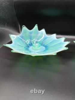 Vtg. Fostoria Heirloom Opalescent Green Art Glass Candle Holders Set of 2 Decor