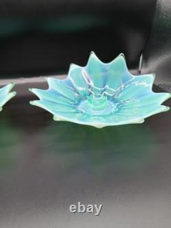 Vtg. Fostoria Heirloom Opalescent Green Art Glass Candle Holders Set of 2 Decor