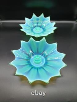 Vtg. Fostoria Heirloom Opalescent Green Art Glass Candle Holders Set of 2 Decor