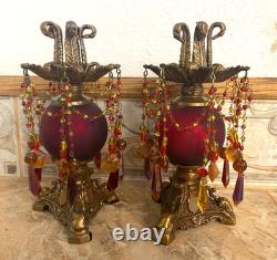 Vtg Hollywood Regency, brass, red & amber beaded prisms candlestick holders