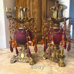 Vtg Hollywood Regency, brass, red & amber beaded prisms candlestick holders