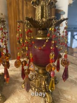 Vtg Hollywood Regency, brass, red & amber beaded prisms candlestick holders