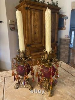 Vtg Hollywood Regency, brass, red & amber beaded prisms candlestick holders