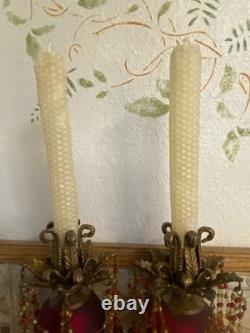 Vtg Hollywood Regency, brass, red & amber beaded prisms candlestick holders