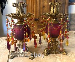 Vtg Hollywood Regency, brass, red & amber beaded prisms candlestick holders