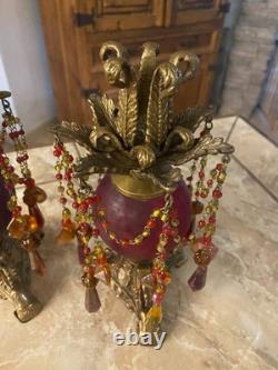 Vtg Hollywood Regency, brass, red & amber beaded prisms candlestick holders