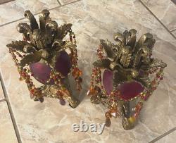 Vtg Hollywood Regency, brass, red & amber beaded prisms candlestick holders