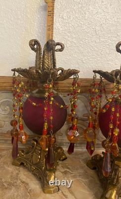 Vtg Hollywood Regency, brass, red & amber beaded prisms candlestick holders