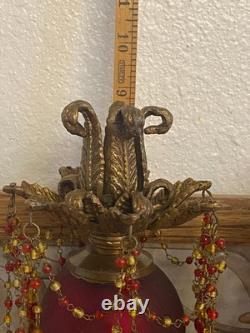 Vtg Hollywood Regency, brass, red & amber beaded prisms candlestick holders