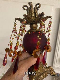 Vtg Hollywood Regency, brass, red & amber beaded prisms candlestick holders