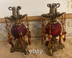 Vtg Hollywood Regency, brass, red & amber beaded prisms candlestick holders