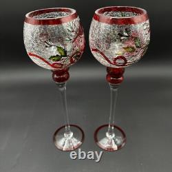 Vtg Huge Goblet Candle Holders Crackle Glass Rare Set Of 2