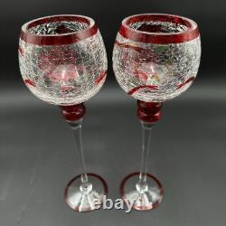 Vtg Huge Goblet Candle Holders Crackle Glass Rare Set Of 2