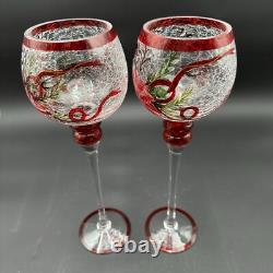 Vtg Huge Goblet Candle Holders Crackle Glass Rare Set Of 2