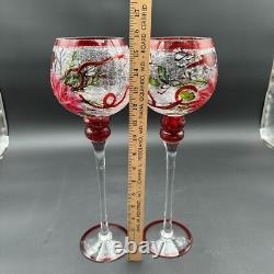 Vtg Huge Goblet Candle Holders Crackle Glass Rare Set Of 2