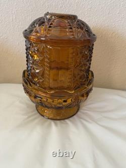 Vtg Indiana Glass Amber Stars and Bars Fairy Lamp Candle Holder 2 Pc MCM EUC