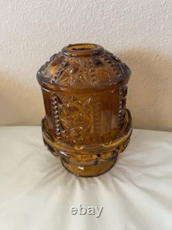 Vtg Indiana Glass Amber Stars and Bars Fairy Lamp Candle Holder 2 Pc MCM EUC