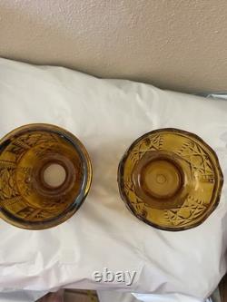 Vtg Indiana Glass Amber Stars and Bars Fairy Lamp Candle Holder 2 Pc MCM EUC