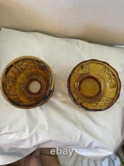 Vtg Indiana Glass Amber Stars and Bars Fairy Lamp Candle Holder 2 Pc MCM EUC