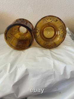 Vtg Indiana Glass Amber Stars and Bars Fairy Lamp Candle Holder 2 Pc MCM EUC