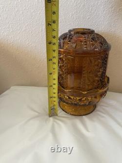 Vtg Indiana Glass Amber Stars and Bars Fairy Lamp Candle Holder 2 Pc MCM EUC
