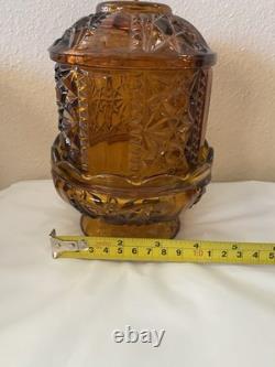 Vtg Indiana Glass Amber Stars and Bars Fairy Lamp Candle Holder 2 Pc MCM EUC