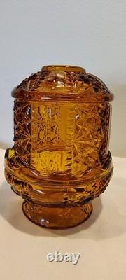 Vtg Indiana Glass Golden Amber Stars And Bars Fairy Lamp Candle Holder 6.5 In