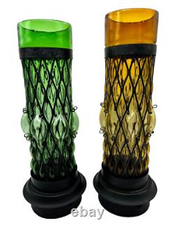 Vtg MCM Green Amber Diamond Bubble Glass Black Cage Iron Hurricane Candle Holder