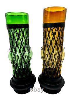 Vtg MCM Green Amber Diamond Bubble Glass Black Cage Iron Hurricane Candle Holder