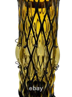 Vtg MCM Green Amber Diamond Bubble Glass Black Cage Iron Hurricane Candle Holder