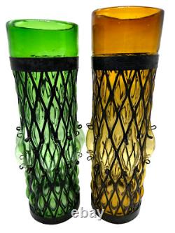 Vtg MCM Green Amber Diamond Bubble Glass Black Cage Iron Hurricane Candle Holder